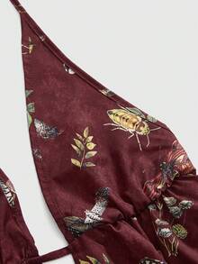 ROMWE Fairycore Summer Vacation Mushroom Moth Plant All-Over Print Halter Backless Mini Dress - Burgundy - View 3