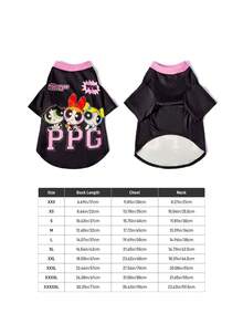 THE POWERPUFF GIRLS X SHEIN 可愛卡通女孩印花運動風寵物短袖T恤，透氣四季適用面料，XXS-XXXXXL 尺寸，適合狗狗與貓咪，寬鬆版型，適合散步、拍照與日常室內穿著 - 黑色 - 查看 5