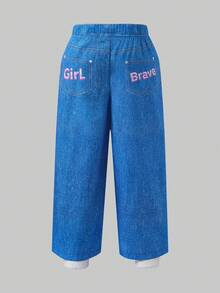 Cool Girl Denim Effect Print Wide Leg Jeans For Girls Elastic Waist Easy To Put On And Take Off Cartoon Idol Girl Star All-Over Print Pattern Pantalon - Blue - View 2