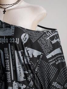 SHEIN ICON 女款大尺碼復古70年代Grunge千禧風Y2K休閒街頭露肩拼接報紙圖案黑白寬鬆T恤夏季 - 彩色 - 查看 5