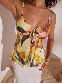 Opulessa Women's Spring/Summer Vacation Knit Mesh Printed Camisole Tank Top Beach Holiday Vacation Pale Yellow Tropical - Multicolor - View 5