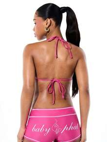 BABYPHAT Triangle Bikini Top With Contrast Coverstitch Detailing And Halter Tie Neck For Beach Summer - Hot Pink - View 2