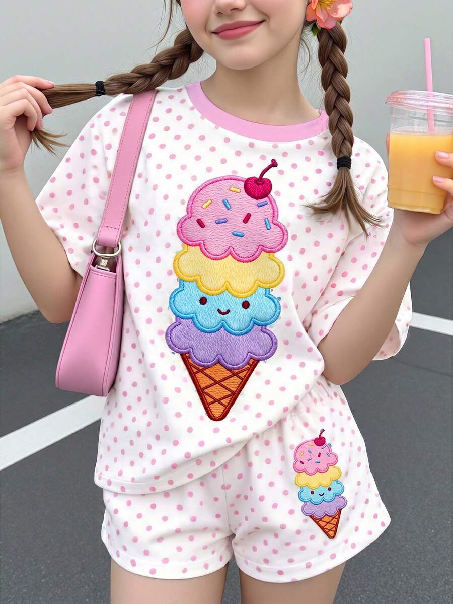 Tween女孩休閒極簡可愛夏季冰淇淋圖案,彩色波點印花,甜奶油風,度假風,短袖短褲兩件套,適合夏季,圖案設計,舒適,女孩套裝,Y2K,Kawaii - 彩色 - 查看 1