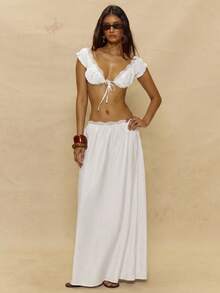 MUSERA Lace Trim Bardot Crop Top Maxi Skirt Sold As Set Spring Summer Holiday Vacation Ibiza Festival - White - View 5