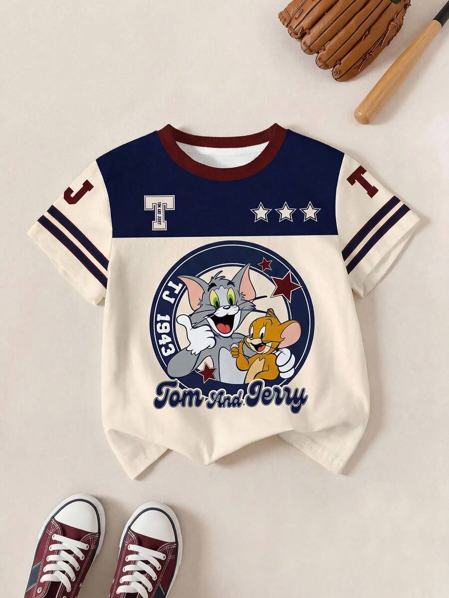TOM & JERRY X SHEIN 男童圆领撞色字母卡通印花休闲日常短袖T恤 - 白色 - 查看 1