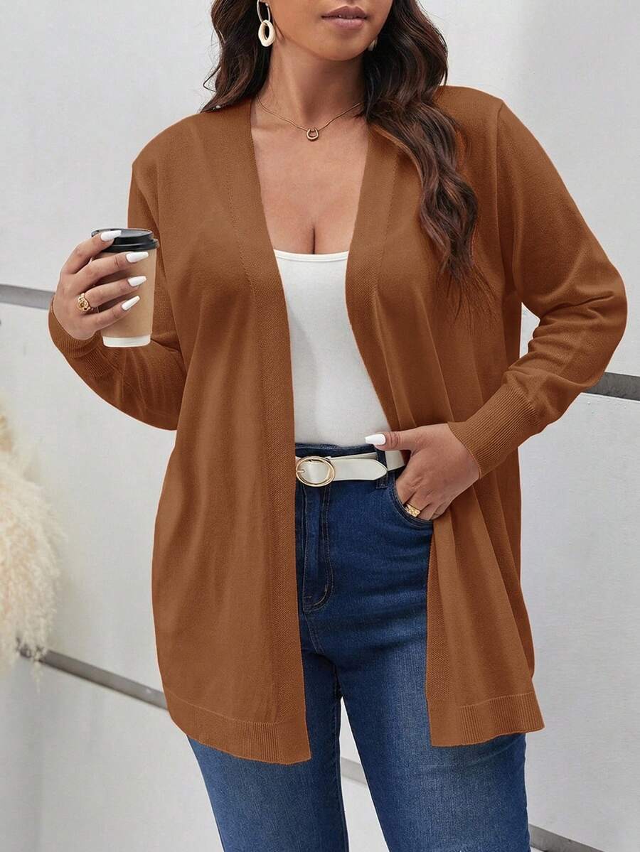 SHEIN Frenchy 大尺碼女款素色長袖休閒針織開襟衫