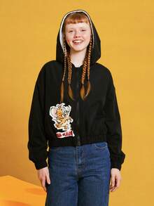 TOM & JERRY X SHEIN Women's Cartoon Pattern Front-zip Hooded Jacket - Black - View 3