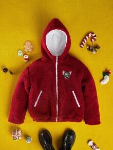 TOM & JERRY X SHEIN Tween Girl Cartoon Pattern Teddy Fleece Hooded Jacket - Burgundy - View 6