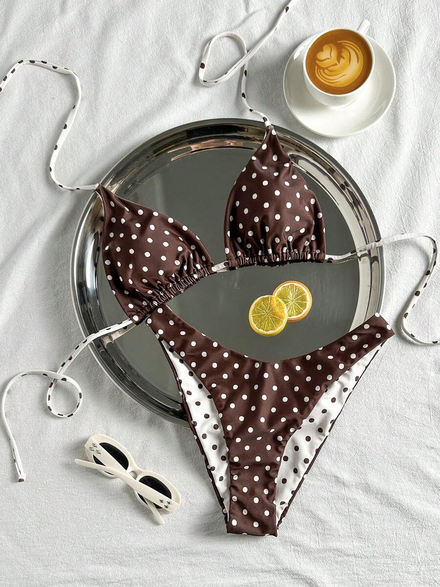 Swim Mod 女款夏季海灘波點印花掛脖綁帶性感時尚比基尼兩件式泳衣套裝 - 彩色 - 查看 1