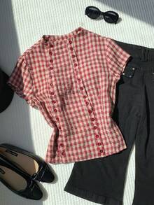 Comfortcana 女款夏季休閒 70s 90s 法式復古格紋鈕扣裝飾襯衫 返校季 早午餐 慕尼黑啤酒節 海灘度假 野餐 紅白格紋 - 紅色 - 查看 8