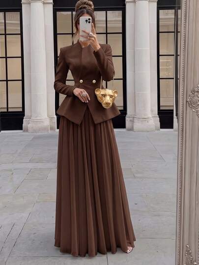 Elenzga Spring Autumn Winter Elegant Stand Collar Waist-Cinching Coffee Color Blazer & Pleated Long Skirt 2-Piece Set For Wedding Party Commute, Romantic Exquisite Women's Outfit