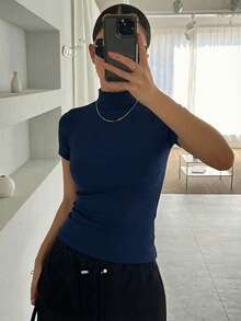 DAZY Women's Solid Color Turtleneck Fitted Undershirt - Navy Blue - View 5
