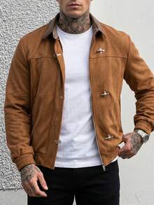 Manfinity Homme 男士素色麂皮飛行員夾克，全拉鍊休閒外套，復古人造皮革外衣 - 棕色 - 查看 4