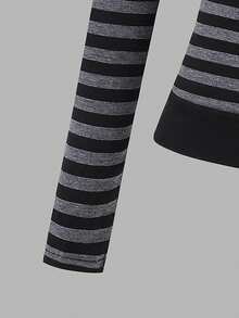 Tween Girl Fall Tops Fall Striped 2 In 1 Halter Neck Long Sleeve Top, Cold Shoulder Design With Atmospheric Vibe, Autumn - Black - View 6