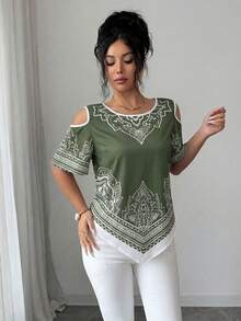 SHEIN Elenzya 優雅波西米亞風白色夏季度假女款短袖上衣，不對稱下擺露肩印花上衣，休閒精品度假上衣 - 橄欖綠 - 查看 3