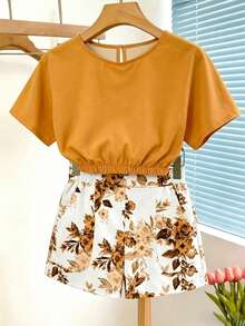 SHEIN LUNE Women's Casual Tropical Vacation Chic Abstract Geometric Line Pattern Cinched Waist Short Top And Shorts 2-Piece Set, Summer Outfits Floral - Multicolor - View 8