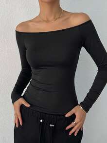 DAZY Women's Solid Color Off-Shoulder Slim Fit Versatile Daily Long Sleeve Top - Black - View 1