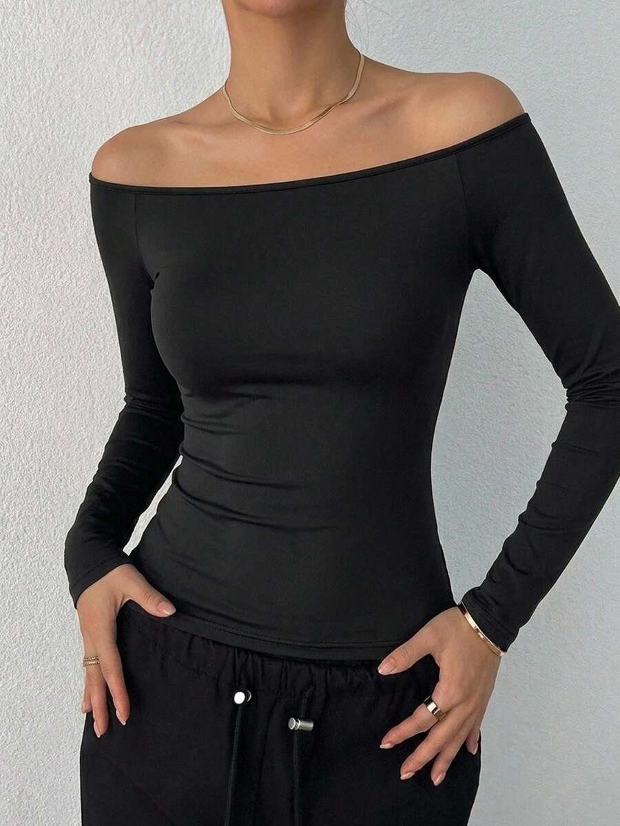 DAZY Women's Solid Color Off-Shoulder Slim Fit Versatile Daily Long Sleeve Top - Black - View 1