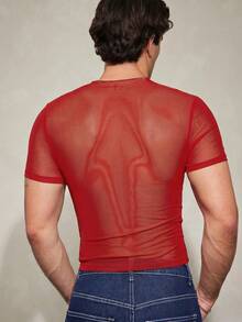 FeverCity Men's Solid Color Mesh Short Sleeve Slim Fit T-Shirt - Red - View 2