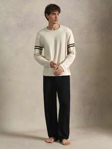 EverLounge 男士圓領拼色長袖上衣與長褲休閒居家服套裝 - 杏色 - 查看 5