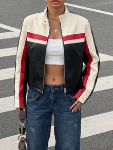 SHEIN EZwear 秋冬拼色PU皮革防風夾克 - 深灰色 - 查看 1