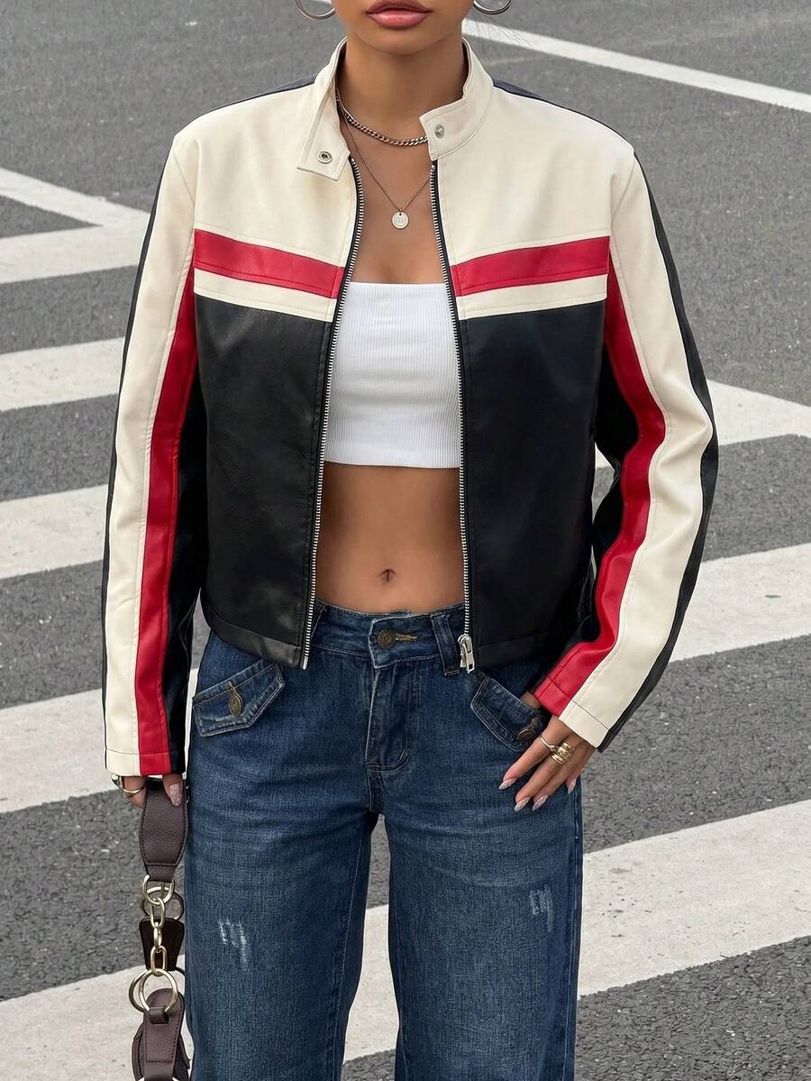 SHEIN EZwear 秋冬拼色PU皮革防風夾克 - 深灰色 - 查看 1