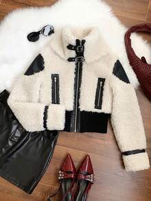 SHEIN EZwear Women's Jacket With PU Leather Front, Fleece Patchwork And Zipper Pockets In Fall/Winter - Black and White - View 5