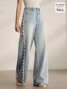 Anewsta Tall Jeans de pierna recta con patchwork y ribete de encaje azul lavado - Azul - Ver 2