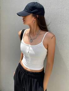 DAZY Half Button Crop Cami Top - White - View 5