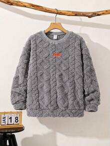 SHEIN 男童秋冬舒適休閒紋理抓絨圓領長袖拼接連帽素色運動衫 - 灰色 - 查看 3