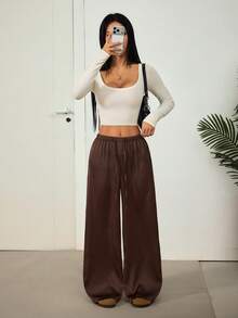 SHEIN PETITE 女款純色抽繩腰寬腿寬鬆休閒長褲 - 彩色 - 查看 4