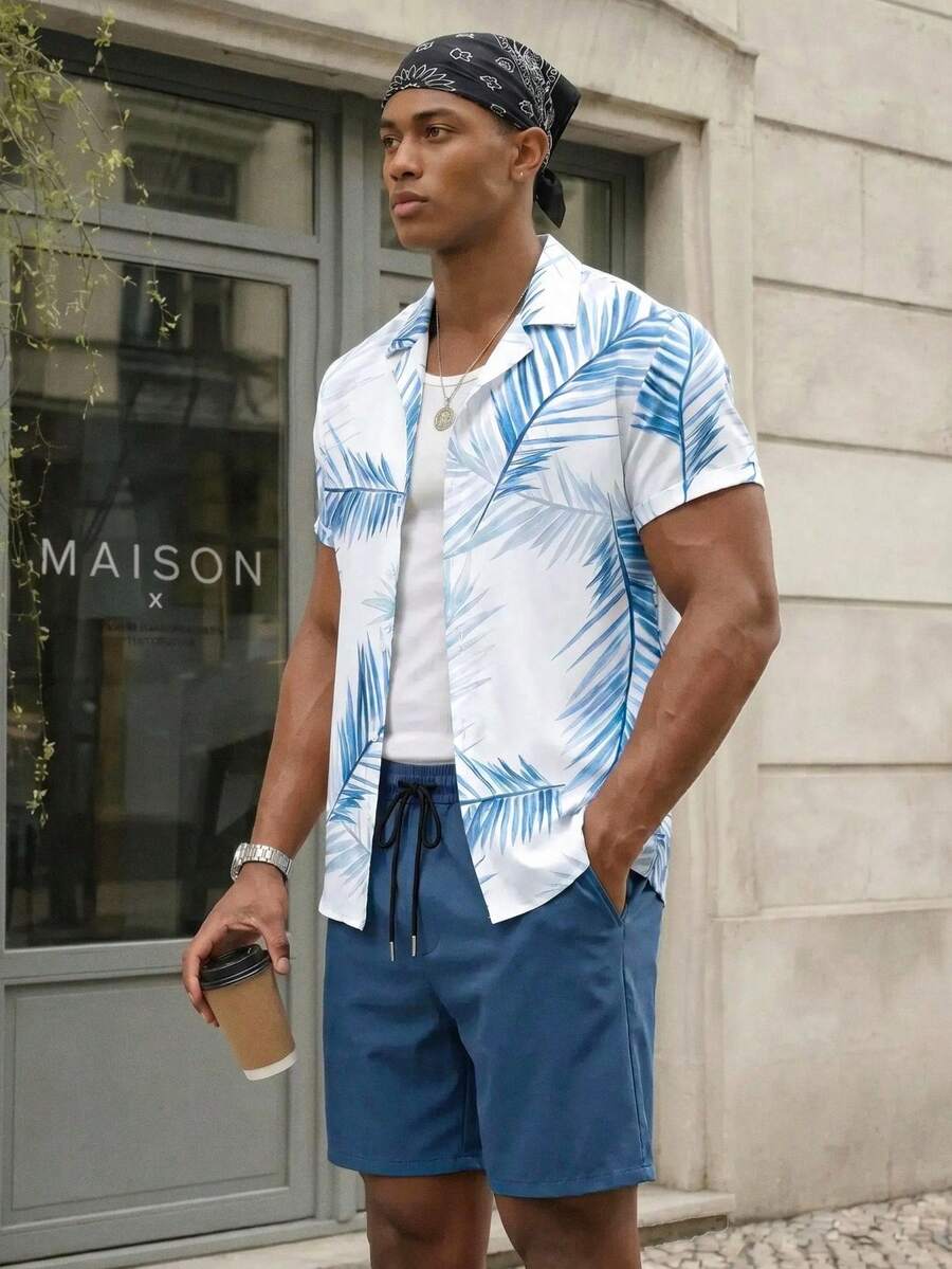 Manfinity EZcore Plus Size Men's Tropical Plant Print Short Sleeve Shirt And Shorts Beach Outfit, Holiday - Blue - View 1