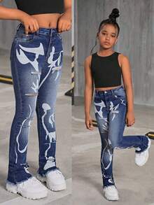 SHEIN Tween Girl Y2K Fashion Stonewashed High Waist Ripped Denim Long Jeans With Art Prints, Tween Girl Back To School Streetwear - Medium Wash - View 1