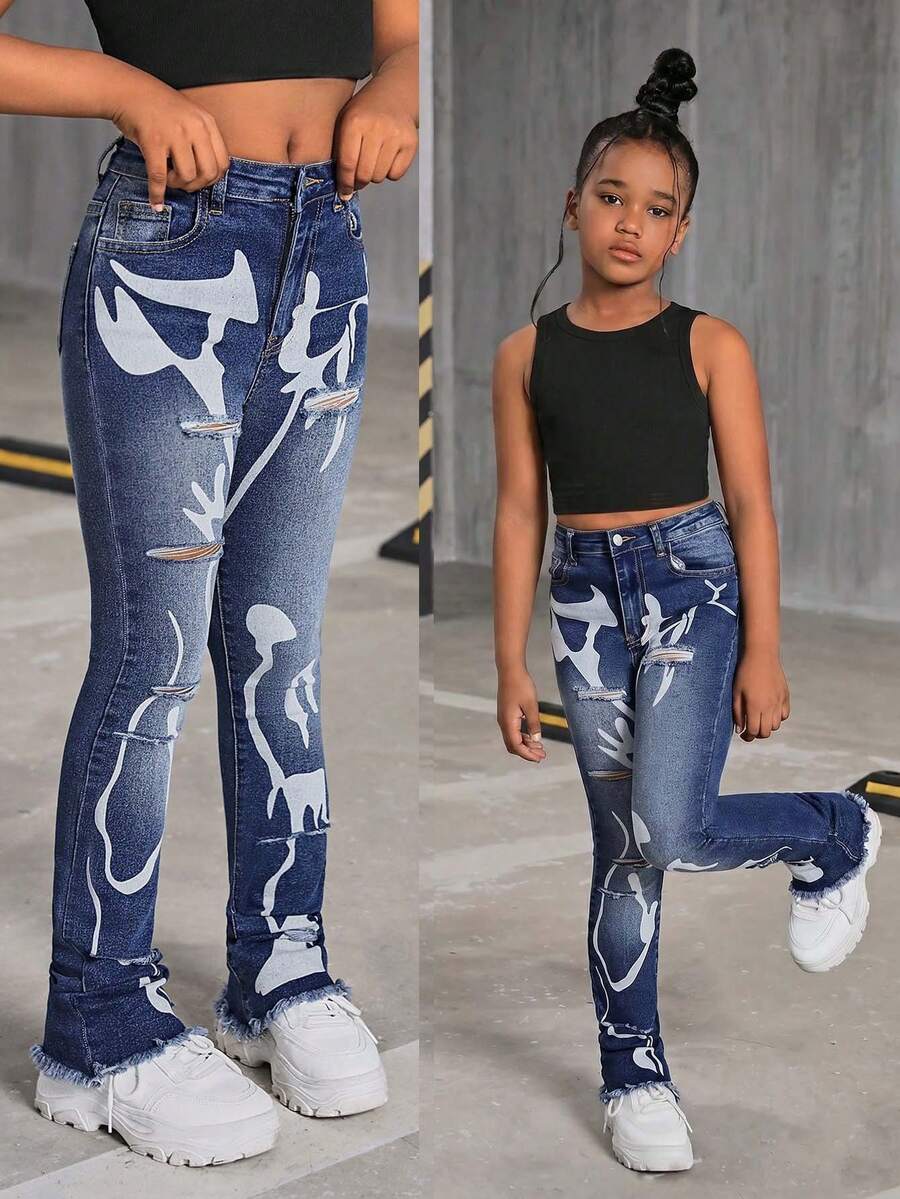 SHEIN Tween Girl Y2K Fashion Stonewashed High Waist Ripped Denim Long Jeans With Art Prints, Tween Girl Back To School Streetwear - Medium Wash - View 1