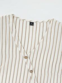 SHEIN LUNE CURVE Plus Size Women's Casual Striped Asymmetric Diagonal Split Decor Button Short Sleeve Blouse, Brown And White Striped Vacation Commute Summer Autumn Shirt - Brown - View 7