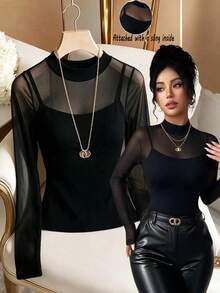 Selianne New Early Autumn Women Elegant Black Mesh Mock Neck Long Sleeve Slim Top With Inner Camisole, Figure-Hugging Design, Mature Hot Girl Style For Commute - Black - View 2