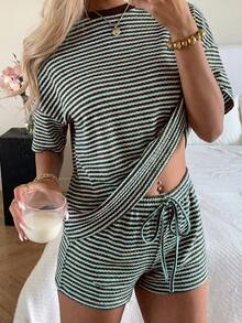 SHEIN EZwear 女士条纹圆领短袖T恤和短裤套装 - 咖啡棕 - 查看 4