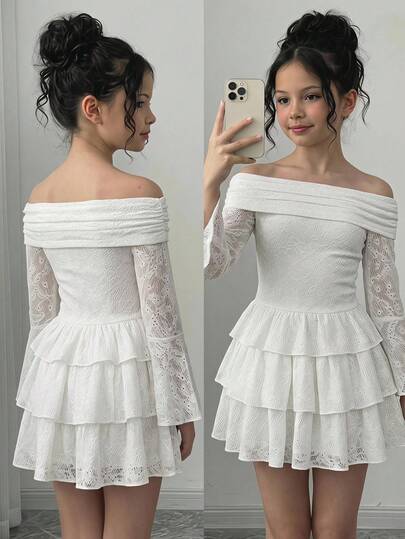 SHEIN Đầm mini trắng ren bèo nhún trễ vai tay dài phong cách tiên nữ, hippie bohemian, street style mùa xuân cho bé gái tween, đi biển nghỉ dưỡng xuân
