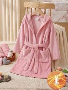 SHEIN 女童返校服裝 素色保暖內裡加厚毛絨連帽長袖綁帶家居服浴袍睡衣 秋冬套裝 - 粉色 - 查看 6