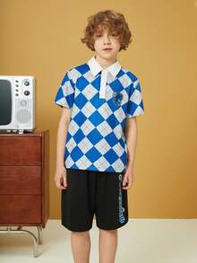 HARRY POTTER X SHEIN Tween Boy Ravenclaw House 1set Badge And Plaid Print Polo Shirt & Shorts - Blue - View 4