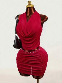 Mistrie Wine Red Rivet Draped Neck 2 Pieces Set, Cowl Neck Hollow Pleated Bodycon Mini Skirt Sexy Nightclub Outfit - Red - View 4