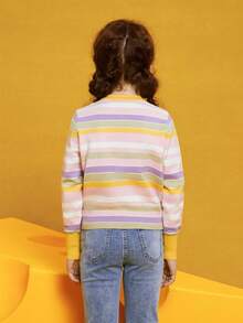 TOM & JERRY X SHEIN Tween Girl Cartoon Animal Stripe Print Round Neck Cardigan - Multicolor - View 2