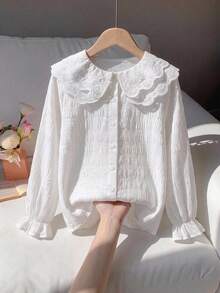 Teen Girl Girls Spring/Summer New White Collared Front Button-Down Single-Breasted All-Match Versatile Minimalist Premium Blouse Fall/Winter - White - View 4