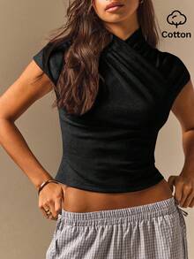 Athîral Women's Cross-Neck Kimono Collar Casual Top - Black - View 4