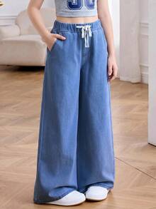 SHEIN Quần jean ống rộng cạp chun rút nhẹ mùa hè cho bé gái tuổi mới lớn mặc hàng ngày, quần ống rộng cạp chun co giãn thoải mái mùa hè, quần đi biển mùa hè phong cách boho, lễ hội hòa nhạc Rave - Rửa trung bình - Xem 5