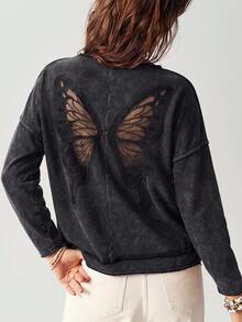 Bohemela Women's Back Patchwork Butterfly Embroidered Mesh Drop Shoulder Long Sleeve Casual Loose T-Shirt - Black - View 7