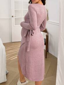 Moonlight&Mama Fashionable Light Purple Knit Chunky Rib V-Neck Slim Fit Maternity Nightgown - Mauve Purple - View 2