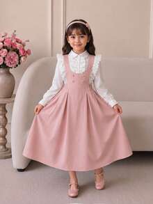 SHEIN Girls Arabic Elegant Princess School Uniform Ruffle Lace Blouse & Dress,Back-To-School,Cute,Vacation - Pink - View 5