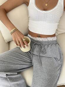 SHEIN EZwear 女款蕾絲飾邊抽繩腰休閒百搭日常穿著長褲 - 淺灰色 - 查看 6