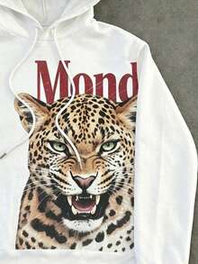 Manfinity Dauomo American Vintage Style Tiger & Letter Print Loose Drawstring Hooded Casual Sweatshirt - Multicolor - View 3